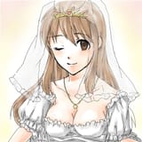 9689 - bridal_veil bride brown_eyes brown_hair cheveux_longs clin_d&#039;œil décolleté jewelry lowres mikuru necklace poitrine robe robe_de_mariée veil