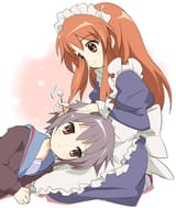 9891 - brown_eyes brown_hair cheveux_courts cheveux_longs domestique ear_cleaning ixy lap_pillow mikuru mimikaki purple_hair rougissement serafuku sourire tagme uniforme_scolaire yuki