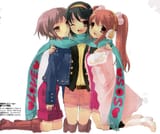 9943 - black_hair bottes brown_eyes brown_hair cheveux_courts cheveux_longs clin_d&#039;œil couettes haruhi itou_noiji kneeling mikuru shared_scarf silver_hair winter_clothes yuki écharpe