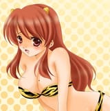 9978 - bikini brown_eyes brown_hair cheveux_longs cosplay décolleté horns jpeg_artifacts larmes lum lum_(cosplay) maillot_de_bain mikuru oni poitrine sinko tiger_print urusei_yatsura