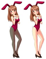 10201 - brown_eyes brown_hair bunnygirl cheveux_longs collant comparison high_heels je larmes mikuru oreilles_animaux oreilles_de_lapin shoes wrist_cuffs