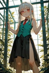 139098-2401600108-moody lighting, preteen girl long hair silver hair red eyes freckles, vest, tie, sleeveless shirt, open split skirt, long skirt,
