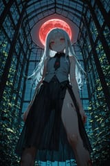 139107-1045950731-(moody lighting, dark_1.5), preteen girl long hair silver hair red eyes freckles, vest, tie, sleeveless shirt, open split skirt,