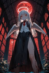 139112-3165042100-(moody lighting, dark_1.5), preteen girl long hair silver hair red eyes freckles, vest, tie, sleeveless shirt, open split skirt,