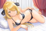 1girl, Bikini, black bikini, Cynthia (pokemon), on side, lying down, pillow, cu s-3965234606