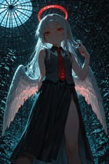 139126-2265315490-(moody lighting, dark_1.5), solo, preteen girl long hair silver hair red eyes freckles, vest, tie, sleeveless shirt, open split