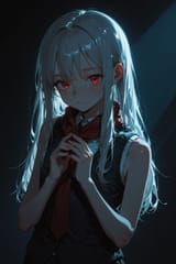 139151-3627422325-(moody lighting, dark_1.5), solo, preteen girl long hair silver hair red eyes freckles, vest, tie, sleeveless shirt, putting han