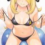 1girl, Bikini, black bikini, Cynthia (pokemon), exercise ball, sitting, legs ap s-844231100