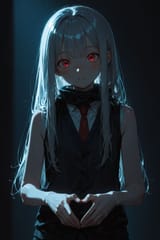 139152-3627422326-(moody lighting, dark_1.5), solo, preteen girl long hair silver hair red eyes freckles, vest, tie, sleeveless shirt, putting han
