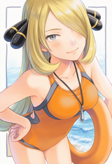 1girl, Cynthia (pokemon), lifeguard, one-piece swimsuit, orange swimsuit, swim r s-4240499391