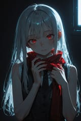 139160-3696430078-(moody lighting, dark_1.5), solo, preteen girl long hair silver hair red eyes freckles, vest, tie, sleeveless shirt, putting han