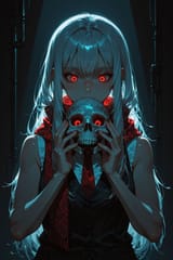 139175-589862300-(moody lighting, dark office_1.5), solo, preteen girl long hair silver hair red eyes freckles, vest, tie, sleeveless shirt, putt