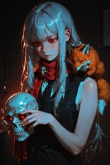 139179-3711466424-(moody lighting, dark office_1.5), solo, preteen girl long hair silver hair red eyes freckles, vest, tie, sleeveless shirt, putt