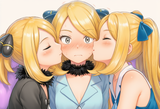 3girls, age difference, loli, aged down, Cynthia (pokemon), couch, sitting, fro s-1006485107