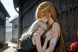 140306-1195861112-rundown shed, 2 girls cuddling from behind_ADDBASE___Melia__, vest, sleeveless shirt, tie, sideboob, small breasts, content smil