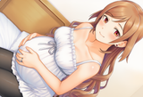 1girl, pregnant, Hozuki Eiko, sitting, bed, on bed, hands on own stomach, smile s-2062586310