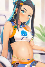 1girl, pregnant, Nessa (pokemon), armchair, sitting, from side s-1258841940