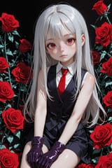 139341-4032342775-preteen girl long hair silver hair red eyes freckles, vest, tie, sleeveless shirt, [purple_0.75] gloves, sitting in a rose, loli