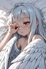 139357-248103895-preteen girl long hair silver hair red eyes freckles, winged blanket, sleepy