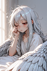 139361-1285207534-preteen girl long hair silver hair red eyes freckles, winged blanket, sleepy, hair ruffling