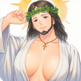 1boy, Jesus, cross, huge breasts, beard, mature male, mature s-2649878516