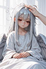 139377-1506187579-preteen girl long hair silver hair red eyes freckles, winged blanket, sleepy, (brother&#039;s hand patting top of head_1.5)