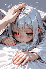 139378-1506187580-preteen girl long hair silver hair red eyes freckles, winged blanket, sleepy, (brother&#039;s hand patting top of head_1.5)
