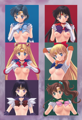 6+girls, manga panels, yearbook, portrait, shirt lift, no bra, nipples, white ba s-1706351837