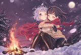 2girls, outside, night, star, moon, campfire, fire, sitting, smile, hug, cuddlin s-2157651000
