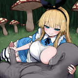 1girl, 1boy, alice (alice in wonderland), blonde hair, forest, giant mushrooms, s-2338915895