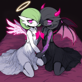 2girls, gardevoir, halo, kirlia, on bed, glowing eyes, pink eyes, naughty face, s-2213400202