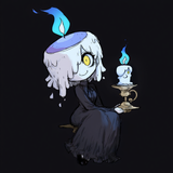 1girl, 1other, pokemon (creature), minigirl, wax girl, candle wick on head, blue s-2654141274