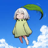 1girl, loli, chikorita (cosplay), airborne, spinning leaf on head, smile, closed s-3118939191