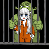 1girl, 1boy, shrek, pointy ears, fangs, in cell, grabbing bars, tearing up, chib s-366962203
