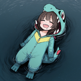 1girl, loli, totodile (cosplay), afloat, on back, river, sleeping, smile, drool, s-3767662404