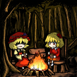 2girls, {{{chibi}}}, aki shizuha, aki minoriko, touhou, sitting on stump, autumn s-3404740478