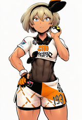 1girl, skin tight, bodysuit, shorts Bea (pokemon), holding pokeball s-1017431890