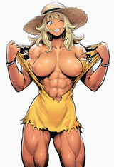 1girl, yellow dress, muscular female, blonde hair, long hair, tearing clothes of s-653626547