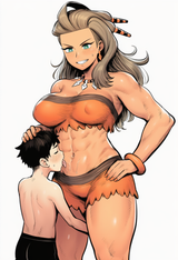 1girl, Sada (pokemon), muscular female, navel, shota, licking, licking abs, hand s-716806969