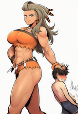 1girl, Sada (pokemon), muscular female, shota, hand on another&#039;s head, pulling b s-3000651804