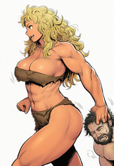 A cavewoman dragging a man by his hair, 1girl, muscular female, mature male, han s-1066568687