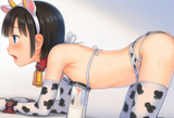 1girl, loli, aged down, flat chest, from side, profile, cow print lingerie, bra, s-3393227074