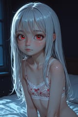 139404-3870281769-preteen girl long hair silver hair red eyes freckles, cute child bra,( sheer top_1.2), dark bedroom