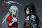 139443-1878224526-2 girls sparring_ADDBASE___Melia__, scythe_ADDCOL_preteen girl, black hair, very long ponytail, blue eyes, freckles, sword