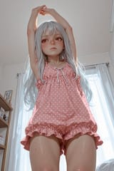 139514-438457034-HDR, preteen girl long hair silver hair red eyes freckles, sleeveless pajama top, bottomless, low angle, girl bedroom, stretchin