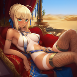 location, 1girl, saber (fate), tanned, pelvic curtain, fishnet thighhighs, gold s-1062216727