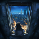 background, 1girl, dangling, sitting in window, night, city, from behind, from i s-2186402617