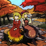 2girls, aki shizuha, aki minoriko, touhou, sitting on stump, autumn, drinking, s s-3266840445