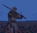 skele walks though a field of flowers
