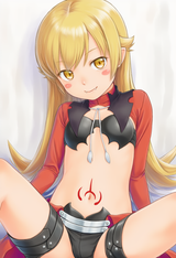 1girl, oshino shinobu, chloe von einzbern (cosplay), womb tattoo, red coat, torn s-355081888
